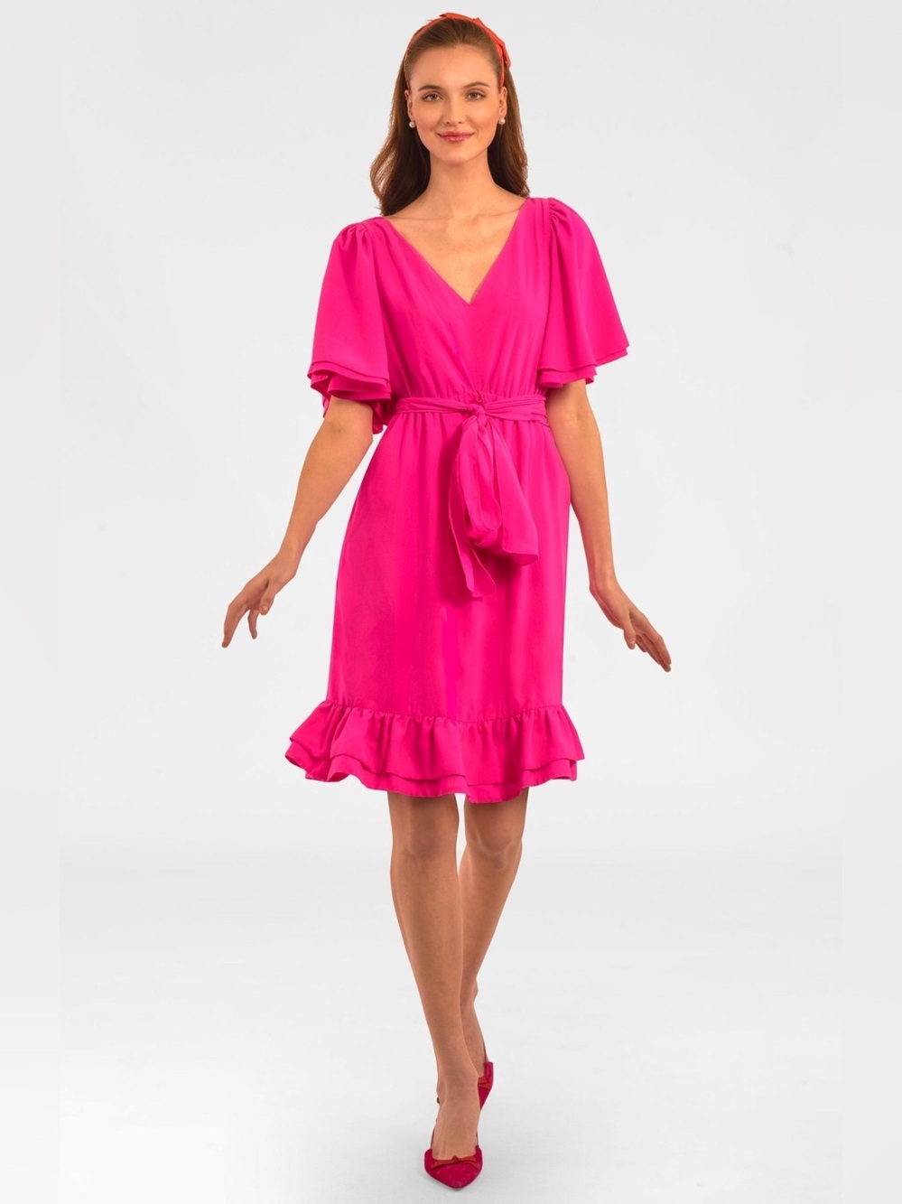 NEW Gretchen Scott Melody Flutter Sleeve Ruffled Dress Hot Pink NWT.  L14